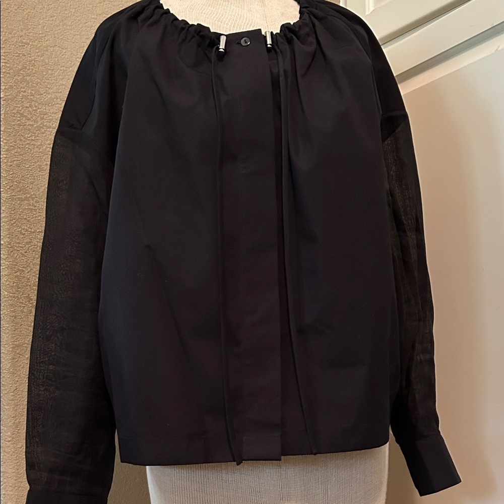 PARTOW Black Sheer Sleeve Silver Drawstring Top Blouse Shirt 6